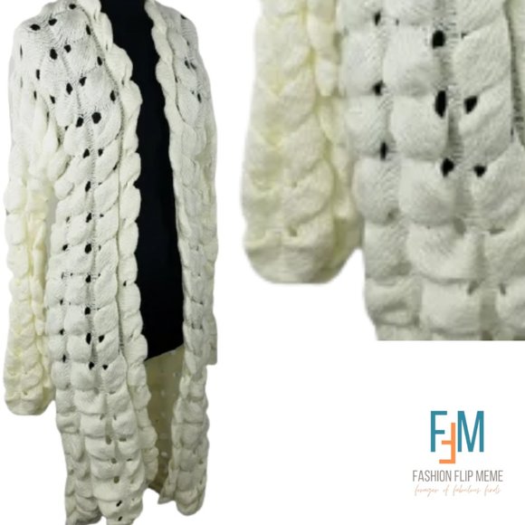 Women's Unique Open-Knit Chunky Wool Blend Open Front Cardigan Sweater - Picture 3 of 4